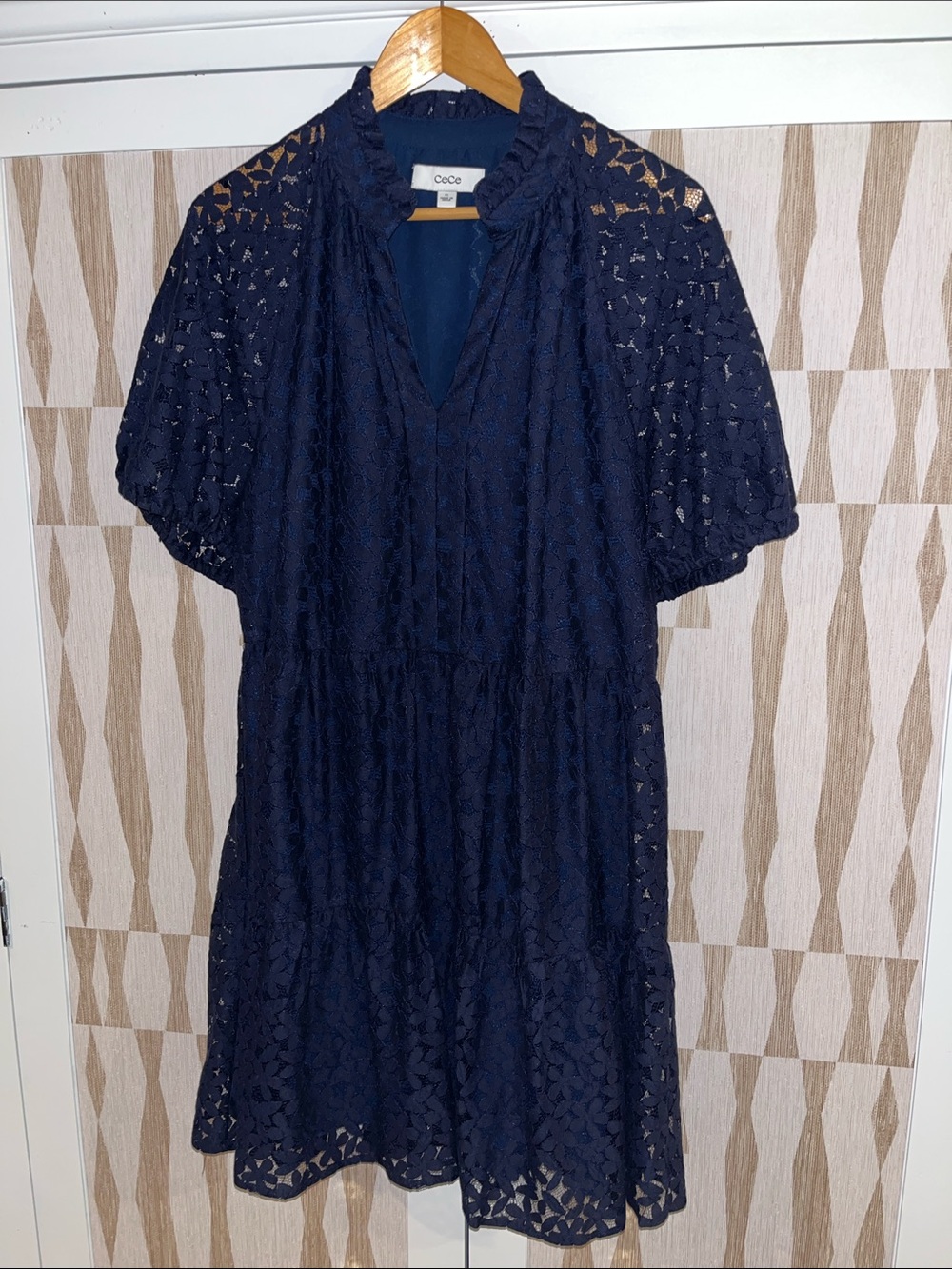 Women’s CeCe Navy Lace Short Sleeve Midi Dress ~ XL